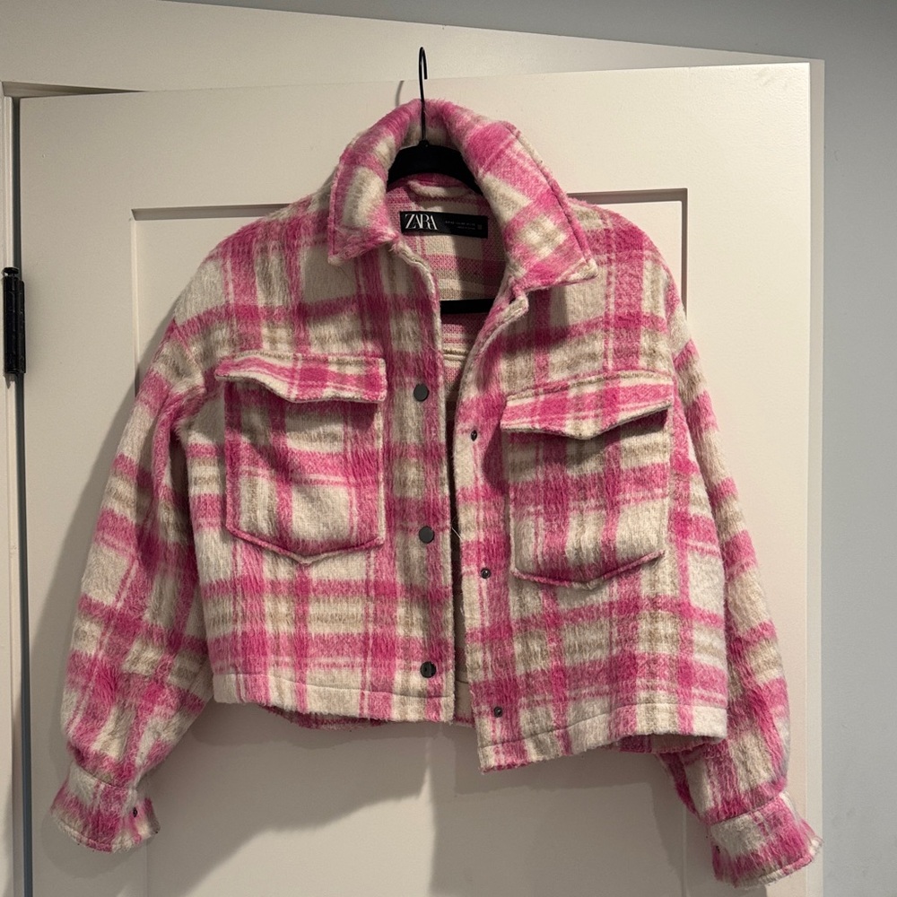 Zara Pink and Cream Plaid Cropped Jacket